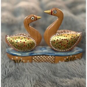 Vintage Indian Hand Carved Wooden Swans "Love Birds"  Table Decor